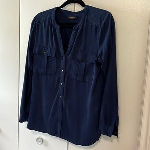 Navy blue button down, collarless, chrome buttons